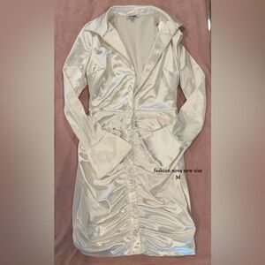 Fashion Nova Shimmering Cream Long Sleeve Dress